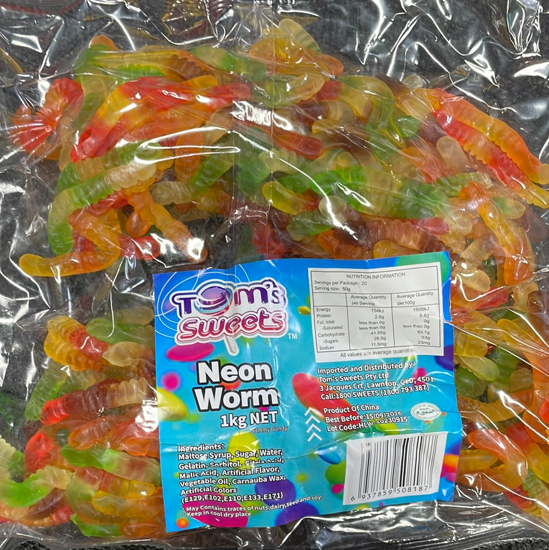 Tom's Sweets Neon worms 1kg – Tom's Confectionery Warehouse